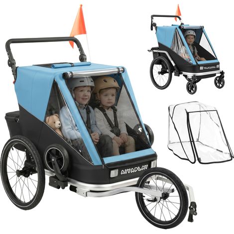 Remorque vélo enfant 2 places, pliable 2 en 1, avec siège et sangles réglables, bleue (1/5)