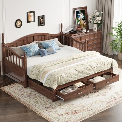 MEUBLIV Lit banquette 90x190 cm noyer – extensible avec tiroirs, sans matelas (1/5)