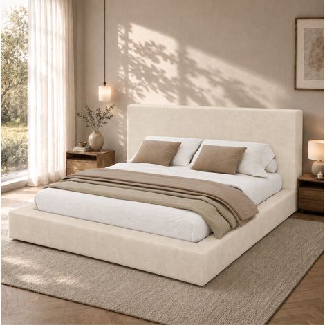 Letto matrimoniale 160x200 cm in ciniglia beige con rete a doghe senza materasso - CHICFURN (1/5)