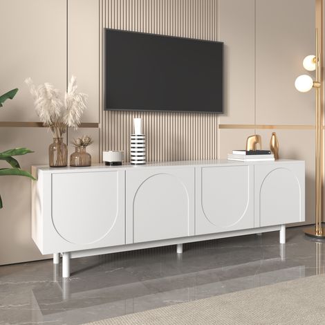 Meuble TV moderne blanc – 175 x 38 x 56 cm, étagères réglables, meuble TV bas léger de style luxueux (1/5)
