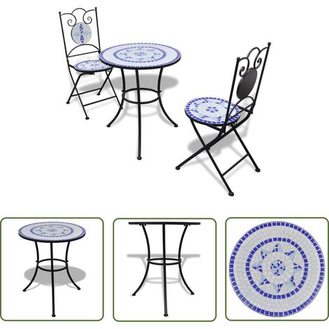 The Living Store Ensemble de bistro 3 pcs Carreaux céramiques Bleu et blanc - Ensemble De Bistro - Salon De Jardin - Meubles De Jardin - Table Et Chaises - Carrelage Céramique (1/5)