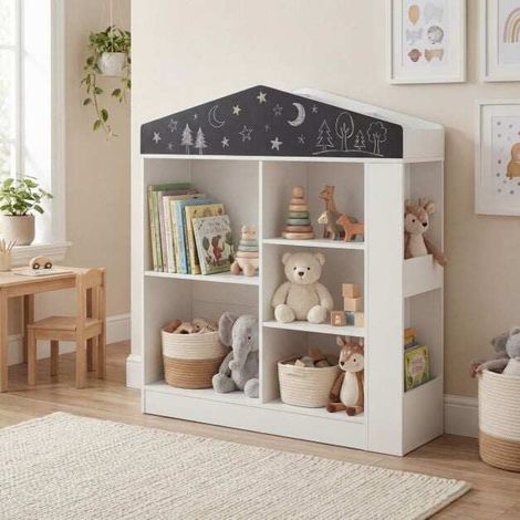 Bibliothèque enfant en forme de cabane avec tableau noir et rangements, 94x30x102 cm, pour chambre d'enfant, salon et aire de jeux (1/5)