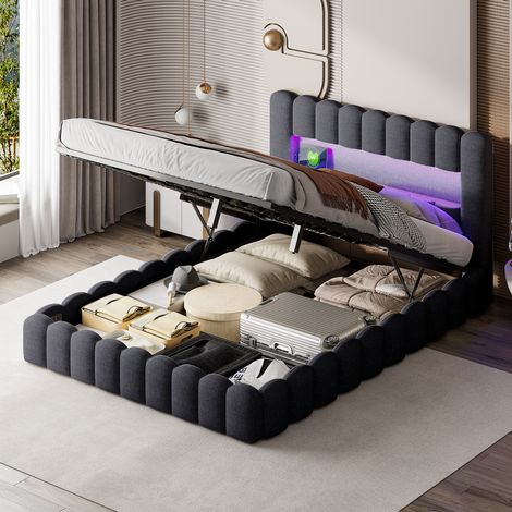 Cama de almacenamiento 180x200 cm con iluminación LED - puerto USB - tela de lino - sistema de almacenamiento hidráulico - somier de lamas y cabecero en forma de tronco - Gris