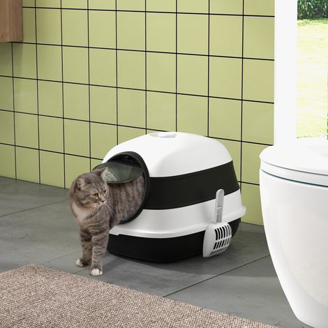 Katzentoilette mit Deckel, Schaufel und Deodorant, geschlossene Katzentoilette mit Klappmechanismus und Griff, aus PP und ABS, 52 x 41 x 38 cm, weiß und schwarz