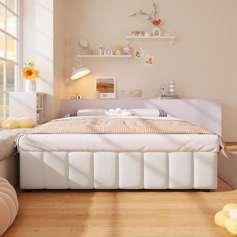 Lit adulte 140 x 200 cm, lit coffre, rangement hydraulique, tête de lit, rangements intégrés, configuration 2 places, lin, beige (1/5)