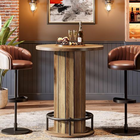 Tribesigns – Table haute ronde 100 cm – Plateau bois 80 x 80 cm – Style fermier – Pour cuisine, bar, salon – Compacte pour petits espaces