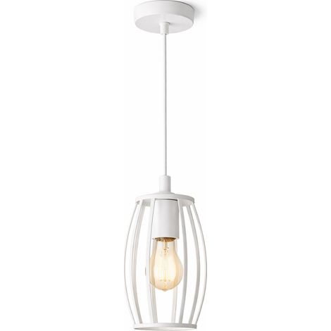 Lampadario Industriale a Sospensione E27 Bianco in Metallo, Gabbia Vintage, Lampada a Soffitto per Cucina Isola Soggiorno Ristorante, Lampadina Non Inclusa