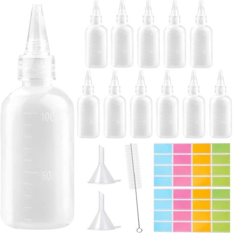 Set mit 12 flexiblen 100-ml-Flaschen, Dosierflaschen, Saucenflaschen mit Reinigungsbürsten, selbstklebendem Trichter, flexibel für Kochsaucen, Saucen, Öle, Pigmente (1/5)