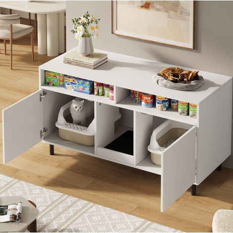Meuble pour litière pour chat 120 x 50 x 66 cm avec tapis ramasse-sable, blanc DESVIAE (1/5)