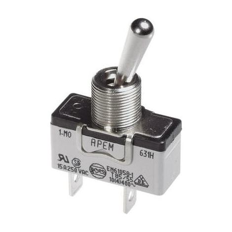 Interrupteur à levier 250 V/AC 15 A – Levier métallique – 1 x Off/On permanent – Cosses plates 6,3 mm – 10000 cycles – Apem