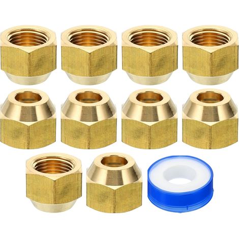 3/8 SAE Écrou Évasé en Laiton, 10 Pcs 45 Degrés Raccord de Tube Évasé en Cuivre, Capuchon de Raccord de Tuyau en Laiton avec Ruban Adhésif pour Conduite de Gaz d'Eau, Brillant (1/5)