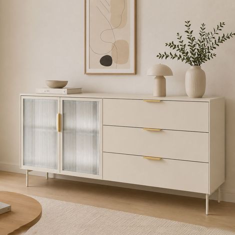 Aparador Hara, mueble con un estante, 3 cajones, 2 puertas, 181x39x83h cm Beige Cashmere (1/5)