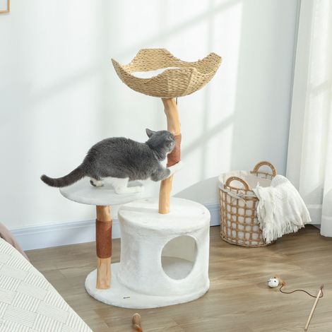 Tiragraffi per gatti, torre gioco per gatti, pali per graffiare, piattaforma, cuccia, tana, morbido cuscino lavabile, 55 x 45 x 102 cm, bianco