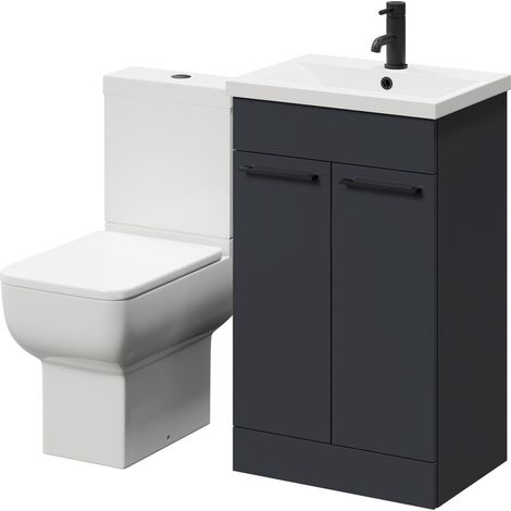 Alessio Gloss Grey 500mm Vanity Unit and Toilet Suite including Open Back Toilet and Floor Standing Vanity Unit with 2 Doors and Matt Black Handles (1/5)
