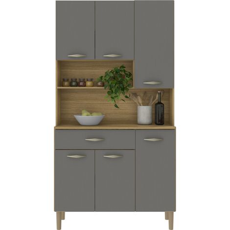 Buffet de Cuisine 6 Portes 1 Tiroir Chêne et Gris 7 Niches L 90.9 H 173.5 P 36.3 cm