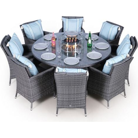 Savannah Fire Pit 8 Seater Round Rattan Dining Set - Grey (1/5)