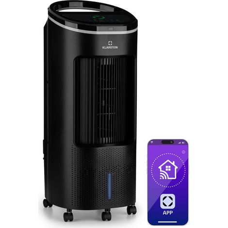 Klarstein Rafraichisseur d'Air Mobile, Refroidisseur d'Air par Evaporation 4-en-1, Mode Nuit Silencieux, Humidificateur d'air, Ventilateur, Application Intelligente, 65W, Débit d'Air 330m³/h, Noir