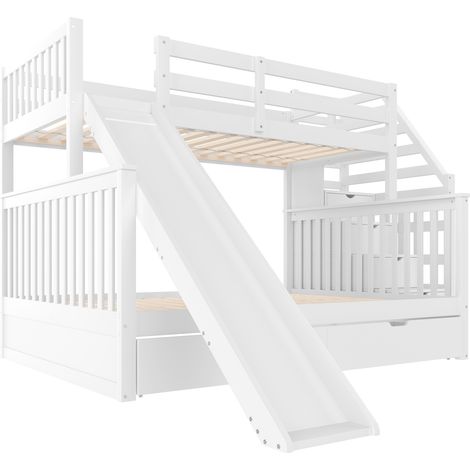 Cama alta infantil 90 x 200 / 140 x 200 con cajones, almacenaje y tobogán, blanca (1/5)