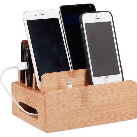 Relaxdays Bamboo Docking Station, Desk Phone Stand for 6 Devices, Wooden Cable Box, HWD 9 x 17 x 13 cm, Natural (1/5)