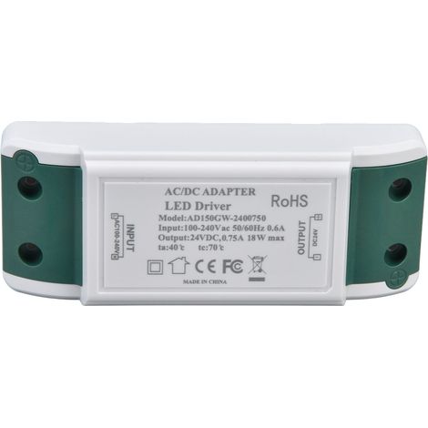 Alimentation LED 24V DC 0.75A 18W, Transformateur à Courant Constant pour Bandes LED, Silencieux, AC100-240V
