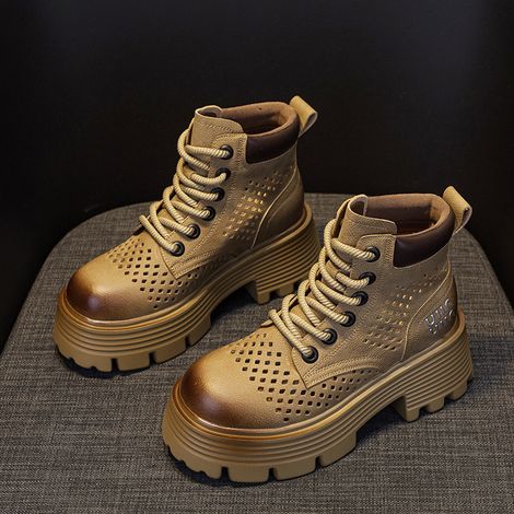 Bottes femme 2025, perforées en mesh transparent rétro cuir, tige basse, chaussures de travail, bottines polyvalentes pour femmes (1/3)