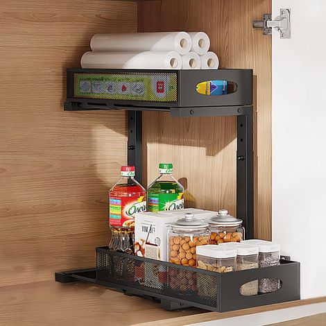 Organizer sottolavello in metallo, organizer per lavello a 2 livelli con cassetto scorrevole per cucina, bagno, altezza regolabile - Nero. (1 pezzo) (1/5)