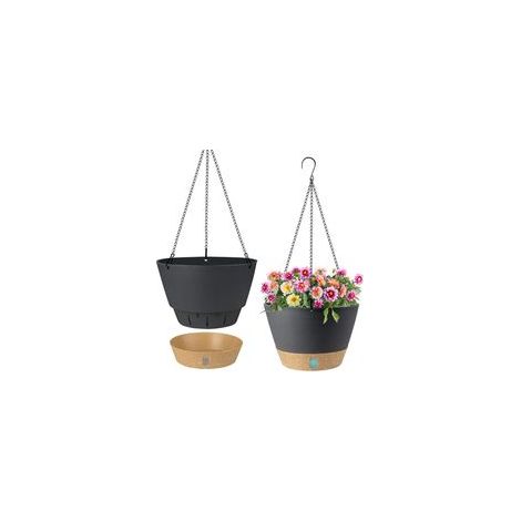 Set di 2 vasi da fiori sospesi - 20,3 cm - Per uso interno ed esterno - Con foro di drenaggio e 3 ganci - Per giardino e casa (Nero)