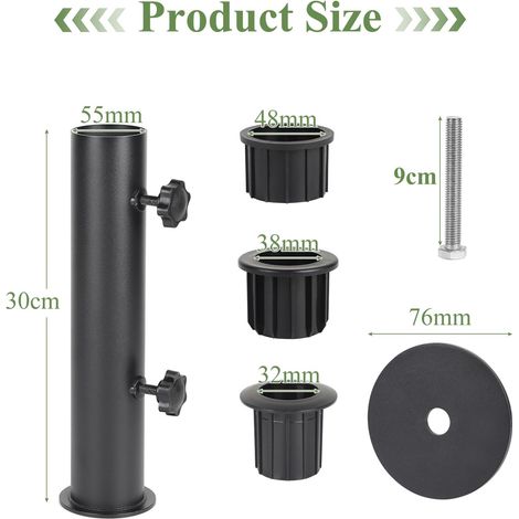 efuturetime Pied de Parasol, Tube de Parasol, Support Parasol Metal Réglable avec 3 Anneaux de Réduction en PVC (28/38/48mm), Noir (1/4)