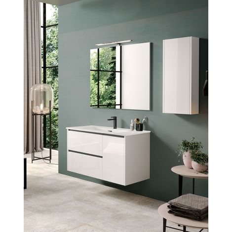 Mueble Baño Suspendido con Lavabo Cerámico 2 cajones y Puerta Lateral con Cierre Amortiguado y Organizador 70 cm Blanco Brillo Tirador Negro (1/5)