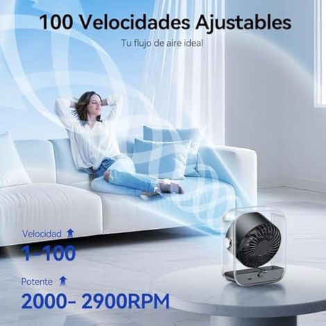 Ventilateur de bureau USB rechargeable, ventilateur de table silencieux avec flux d'air turbo, 100 vitesses, affichage numérique, rotation à 90°, alimenté par batterie (1/5)