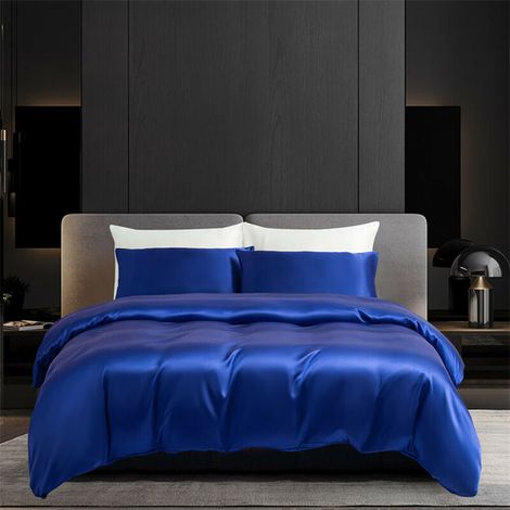 Set biancheria da letto di lusso in raso, 3 pezzi, blu liscio come la seta, confortevole, raso lucido, con federa (1/5)