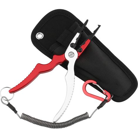 Pince de pêche, dégorgeoir multifonctionnel léger en acier inoxydable avec enrouleur de sécurité et étui en nylon, rouge.