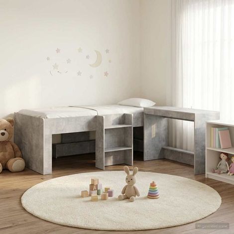 Lit haut enfant avec bureau intégré en bois d’ingénierie gris béton, 75 x 190 cm - PANGIVO (1/5)