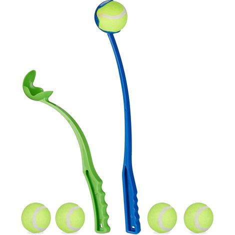 Lanceur de balle pour chiens, lot de 8, Lanceur de balles, 20 balles de tennis incluses, pour chien, bleu/vert
