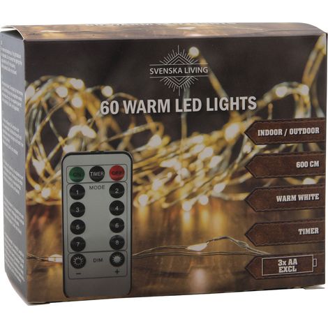 Außen Draht Lichterkette warm weiß - 60 LED / 600 cm - Leuchtdraht mit Timer und Dimmer Funktion Fernbedienung Batterie betrieben