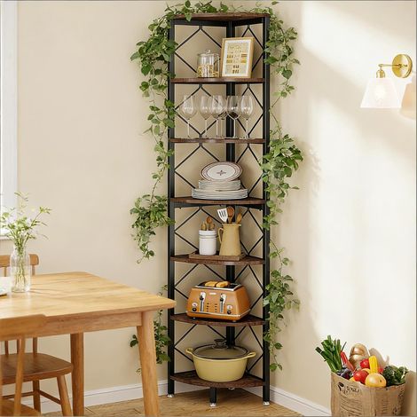 Étagère d'angle étroite 7 niveaux pour petits espaces, rangement mural d'appoint en coin (1/5)