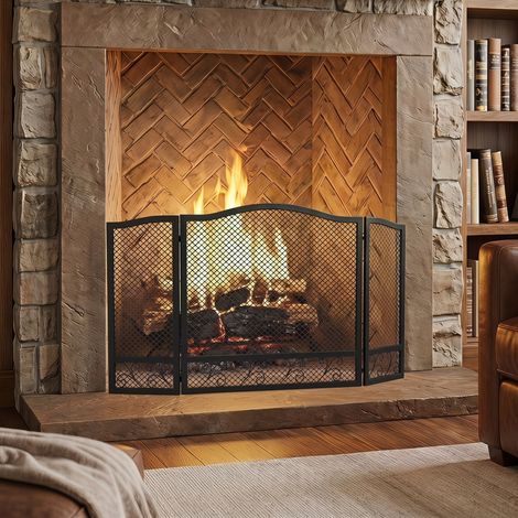 Pare Feu Cheminée Pliable 3 Panneaux, Pare-Étincelles Cheminée, Motif Floral, Métal, 107 x 60 cm, Noir (1/5)