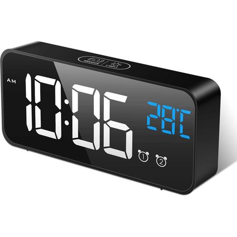 Sveglia Digitale, Orologio Sveglia a Specchio con Grande Display LED, Media Temperatura/Snooze/2 Allarmi, Luminosità e Volume Regolabili, Attivazione Sonora, Carica USB, per Casa e Ufficio, Nero (1/5)