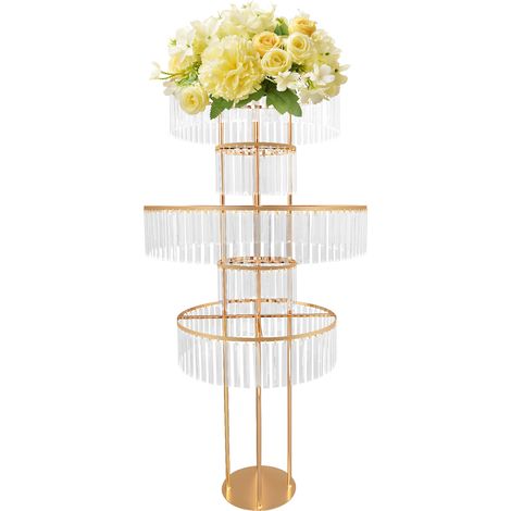 Présentoirs floraux rond doré à 5 niveaux avec pendentifs acryliques, support à fleurs sur pied, centre de table décoration pour mariage, cérémonie et réception - hauteur 155 cm (1/5)