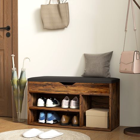 Meuble Chaussures Banc à Chaussures 2 Niveaux Rangement, Niche + Coffre intégré avec Coussin Effet bois d'acajou (1/5)