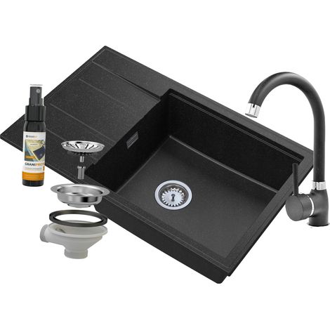 ÉVIER MONOCUVE EN GRANIT LOUIS AVEC ÉGOUTTOIR SIPHON SET ROBINET CHROMÉ (1/5)