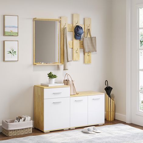 Ensemble d'entrée 3 en 1 comprenant un porte-manteau mural, un miroir et un range-chaussures avec banc en bois, coloris bois et blanc. (1/5)