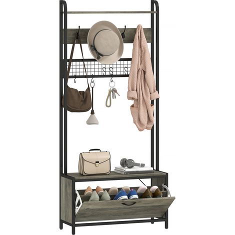 HOMCOM Industrial Hall Tree Coat Rack Stand with Shoe Cabinet Grey (1/5)