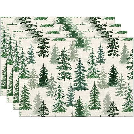 Ensemble de 4 Sets de Table de Noël 12 x 18 Pouces avec Pins Joyeux Verts, Résistants à la Chaleur, Décorations Hivernales pour Maison de Campagne et Fêtes (1/4)
