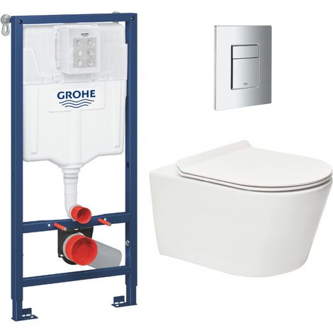 Grohe Pack WC Bâti-support Rapid SL + WC sans bride Brevis + Abattant softclose + Plaque chrome (RapidSL-Brevis-1-SP)
