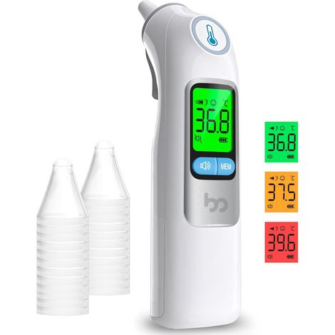 Thermomètre Oreille Bébé et Adulte, Thermomètre Auriculaire Medical Pro Avec 20 Embouts Jetables Alerte Fièvre à 3 Couleurs Mode Silencieux Thermomètre Tympanique Infrarouge (1/5)