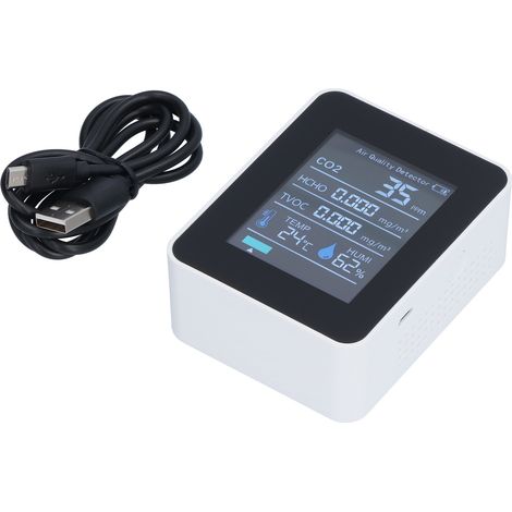 Luftqualitätsmonitor mit Echtzeit-Anzeige, intelligentem Farbdisplay und klarem Alarmsystem, tragbarer Formaldehyddetektor für Büro und Zuhause (Weiß) (1/5)