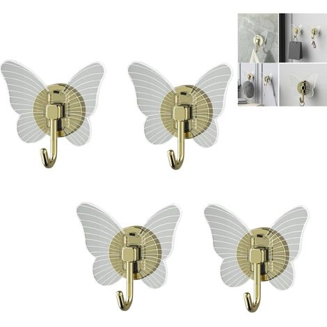 Lot de 4 crochets papillon adhésifs, patères murales décoratives pour suspendre manteaux, clés, serviettes, cuisine – fixation sans perçage, entrée, dressing, porte. (1/5)