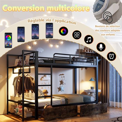 Lit superposé,90 x 200 cm,cadre en fer,2 tiroirs,plusieurs étagères,avec bande lumineuse LED,porte-linge,matelas non inclus,noir