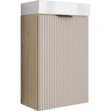 Mobile da bagno con frontale scanalato 40 cm con lavabo, noce chiaro (MDF), con frontale cashmere, con maniglia nera, 40,5 × 22,5 × 57 cm (1/5)